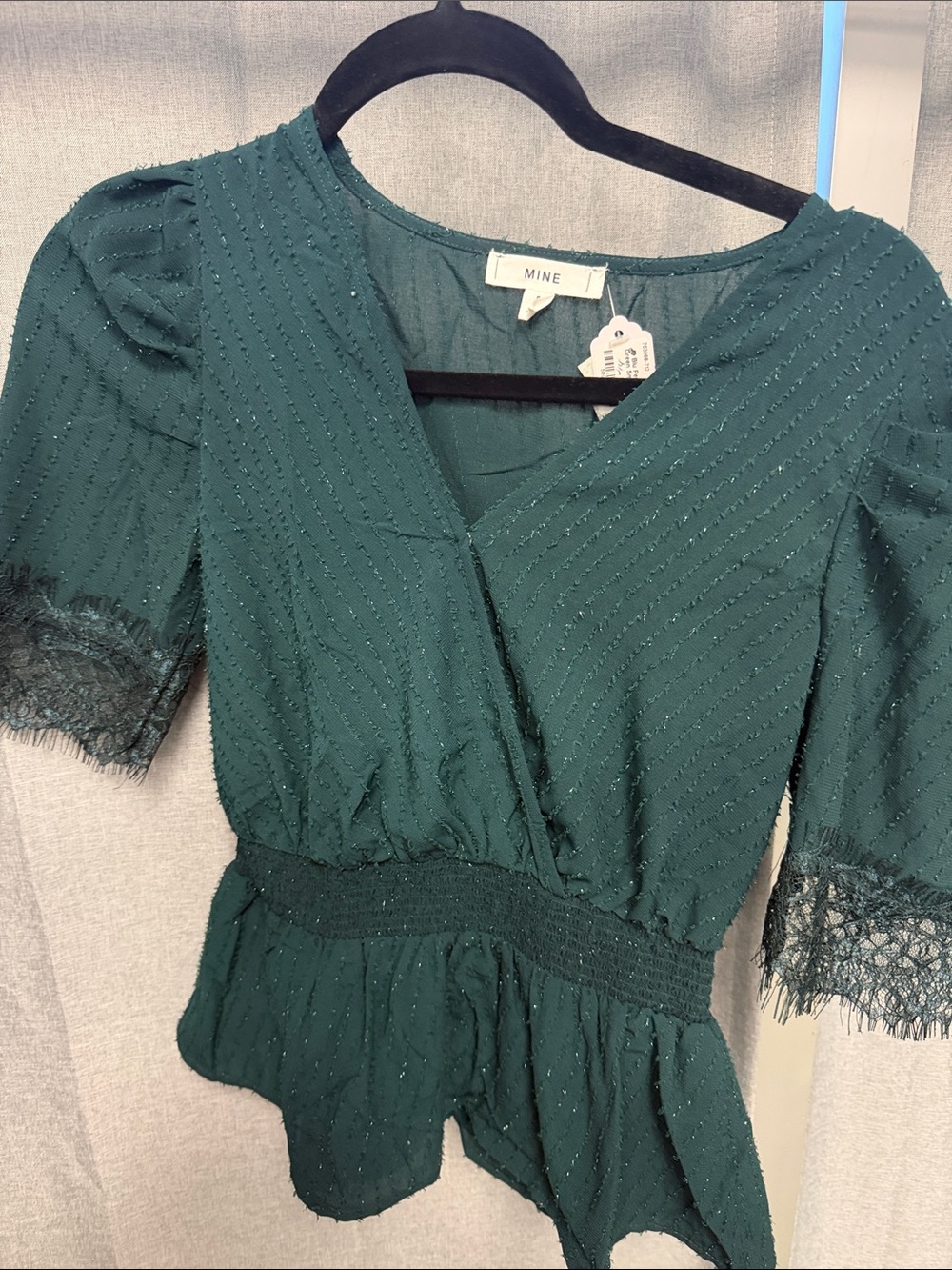 MINE Forest Green Surplice Peplum Blouse with Lace Cuffs